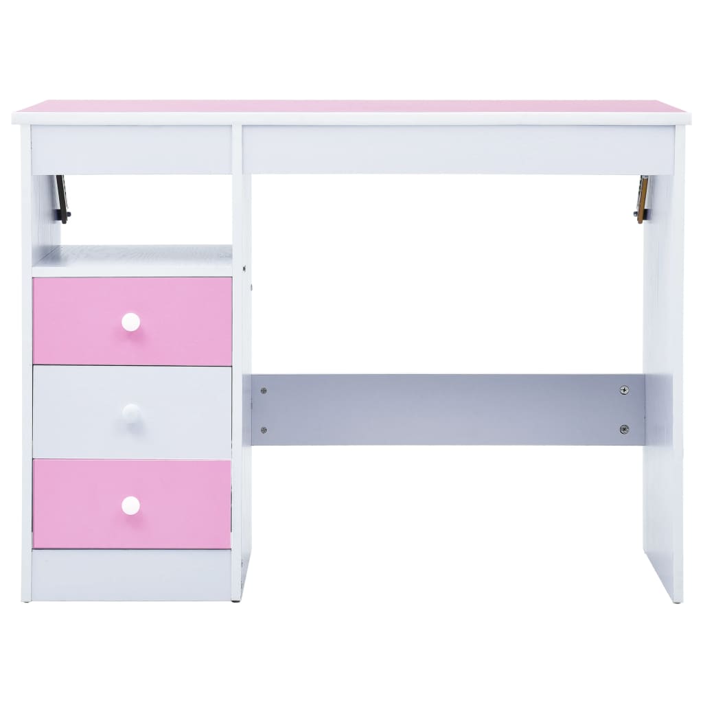 Kids study desk with adjustable height, pink and white design, and built-in storage.