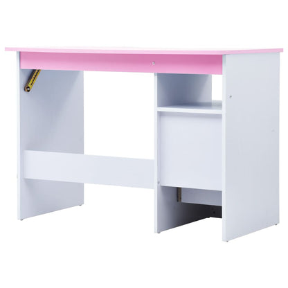 Pink and white kids study desk with adjustable height and storage for home learning.