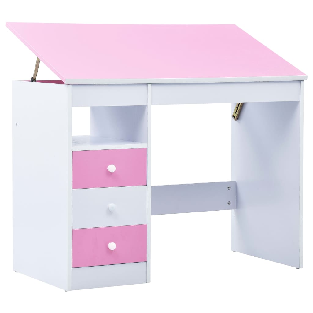 Kids study desk in pink and white with adjustable height and storage compartments.