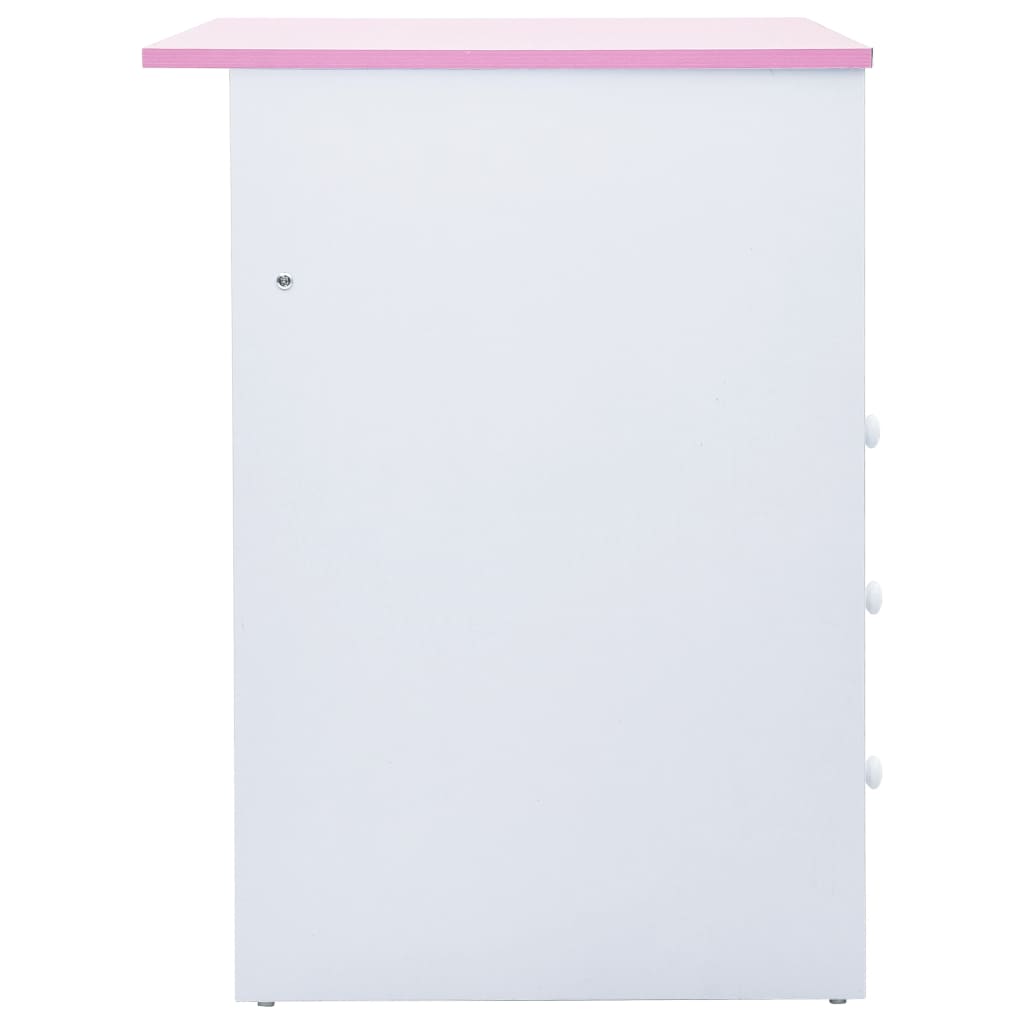 Kids study desk in pink and white with adjustable height and convenient storage features.