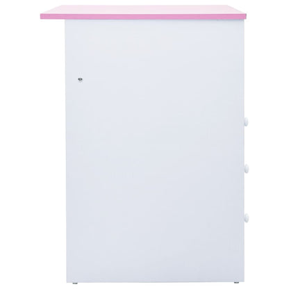 Kids study desk in pink and white with adjustable height and convenient storage features.