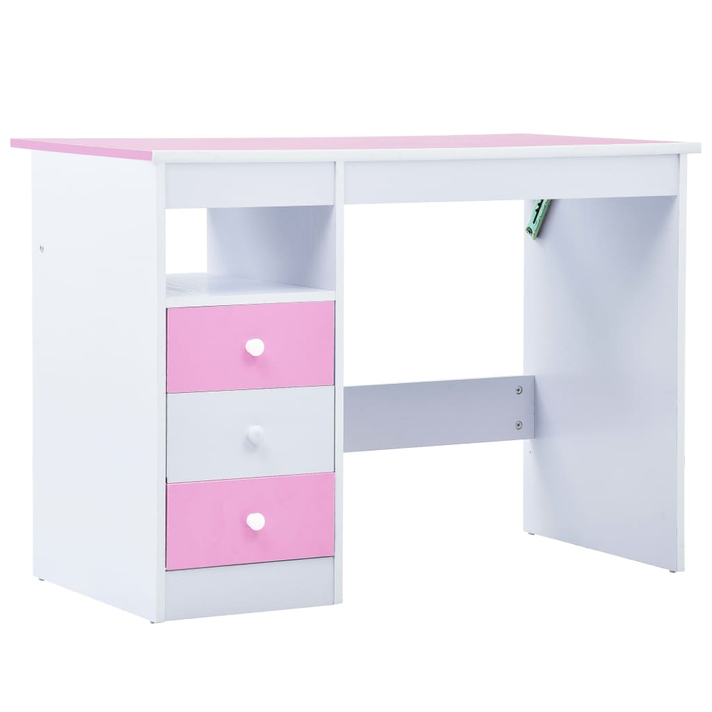 Kids pink and white study desk with adjustable height and storage compartments for home learning.