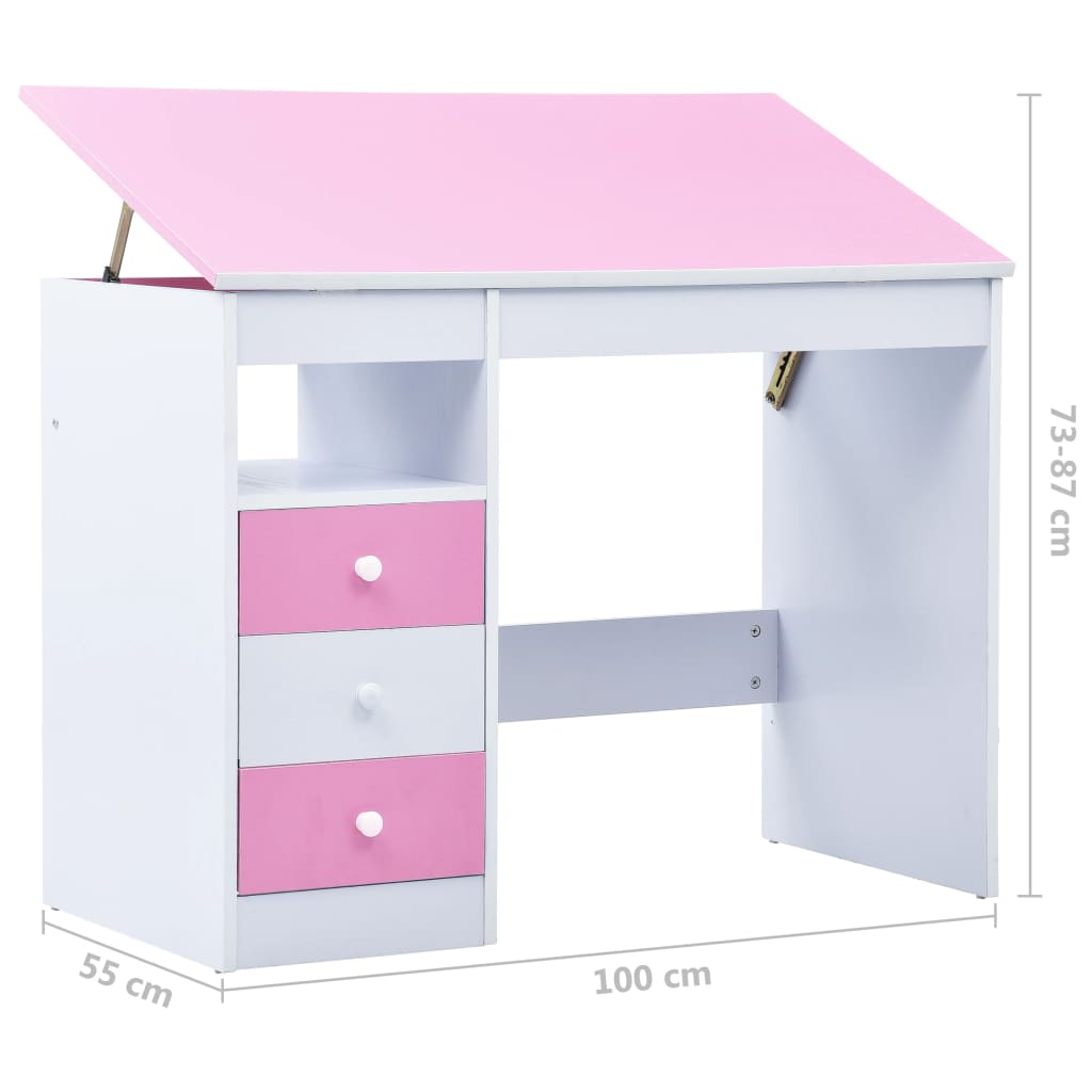 Kids study desk in pink and white with adjustable height and convenient storage compartments.