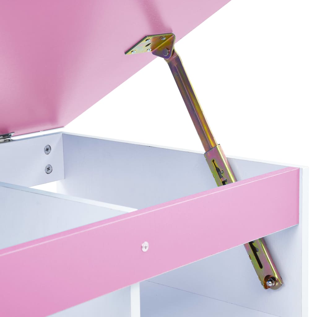 Kids study desk with pink and white design, adjustable height, and storage compartments.