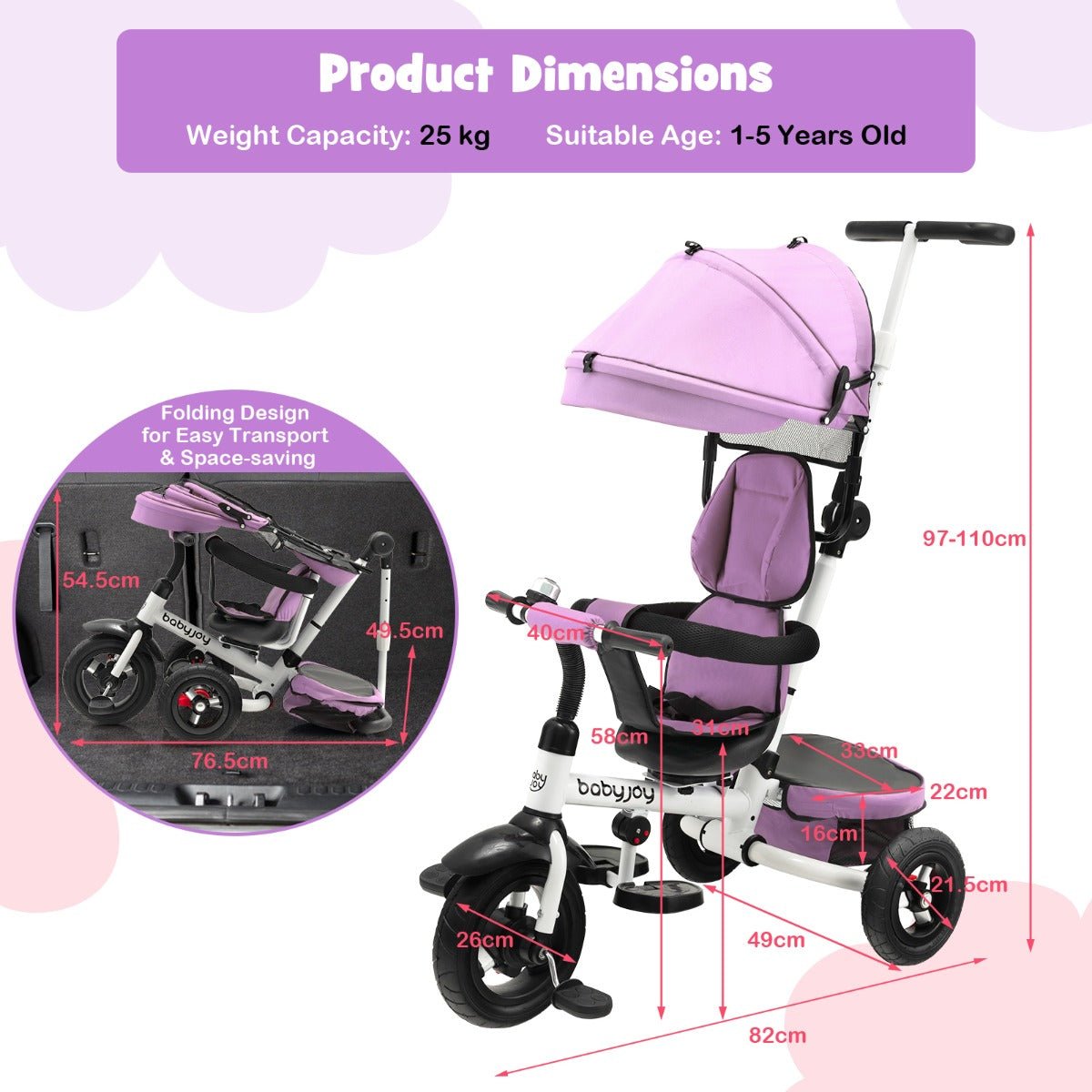 Safe and Stylish: Pink Baby Stroller Tricycle with Sun Canopy