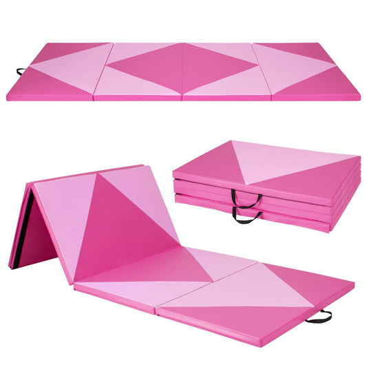 Pink folding gymnastics mat for kids and adults, compact storage, ideal for home workouts.