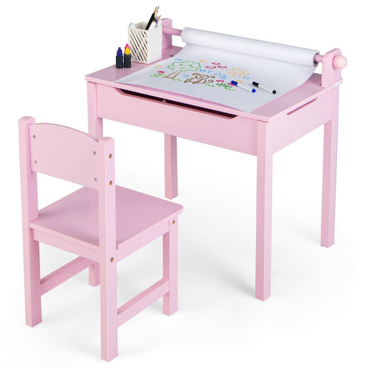 Pink kids desk set with lift top, paper holder, and chair for creative play.