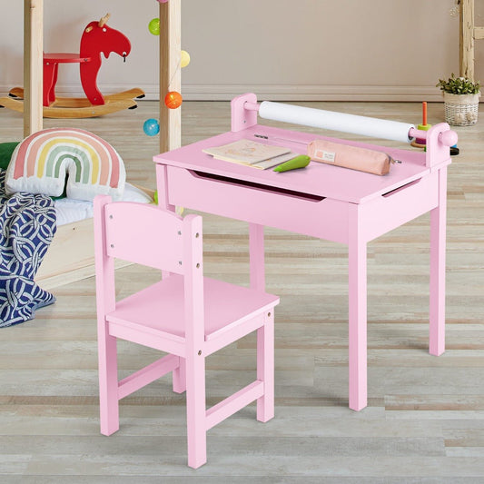 Pink Kids Desk Set with Paper Roll Holder and Chair for creative home learning.