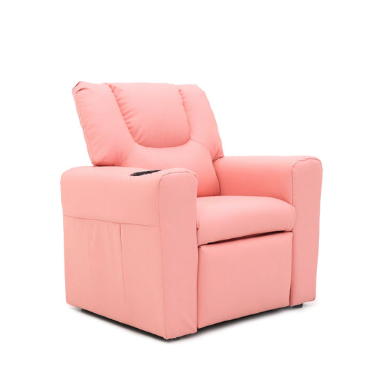 Pink kids recliner chair with cup holder for comfy seating and relaxation at home.