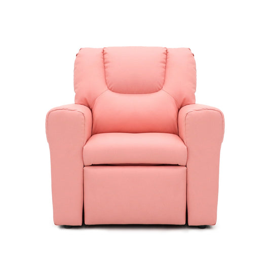 Pink kids PU leather recliner chair with cup holder for home comfort and relaxation.