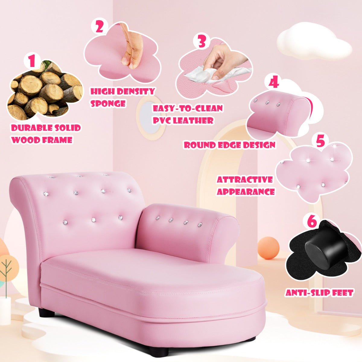 Pink Kids Sofa: PVC Leather and Crystal Embellishments - Cozy Retreat