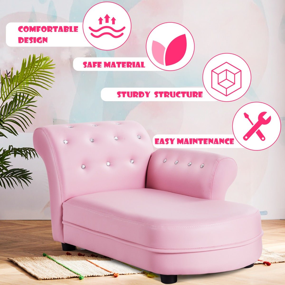 Pink Children's Sofa: PVC Leather with Embedded Crystals - Comfort Haven