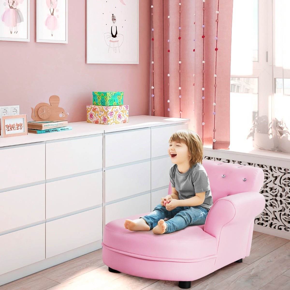 Pink Kids Sofa: PVC Leather and Crystal Accents - Plush Comfort Zone