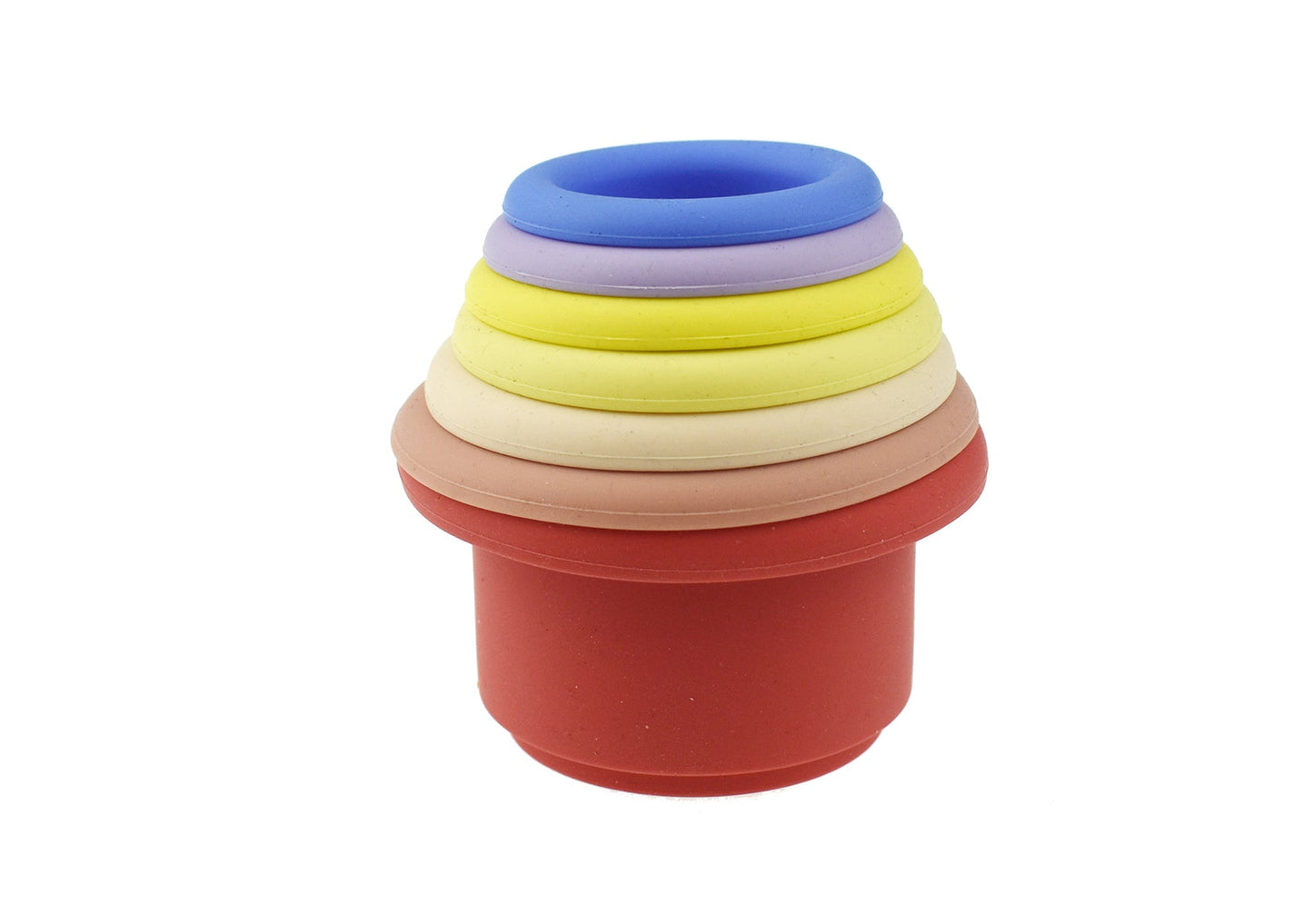 7-piece pink silicone stacking cups set for kids, ideal for home play and development.