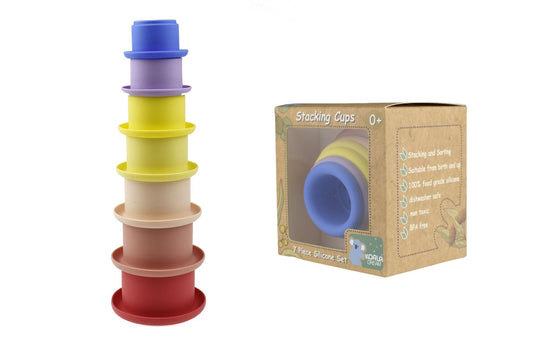 Pink multi-colored 7-piece silicone stacking cups set for childrens play and learning activities.