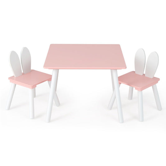 Bunny-eared pink and white kids table with chairs for playful home activities.