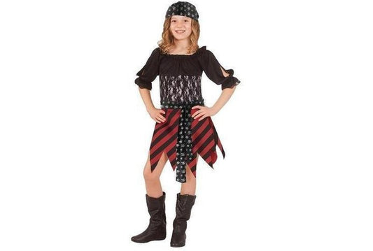 Tween girl pirate costume with skull belt and headscarf, ideal for imaginative play at home.