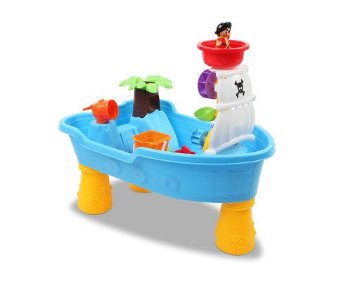 Blue Pirate-themed sand and water table play set for imaginative play at home.