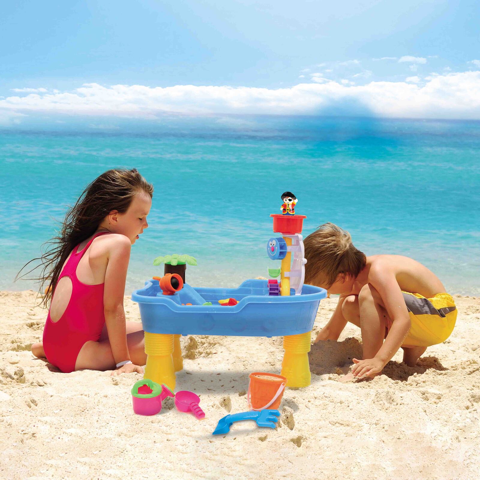 Pirate ship themed sand and water table for imaginative play, ideal for kids outdoor fun.