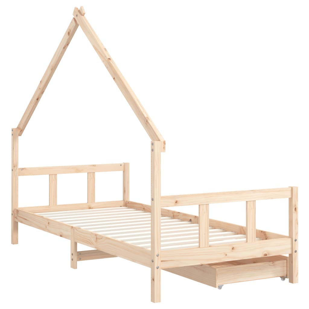 Pine wood bed frame with storage for kids. Ideal for playful, organized bedrooms.