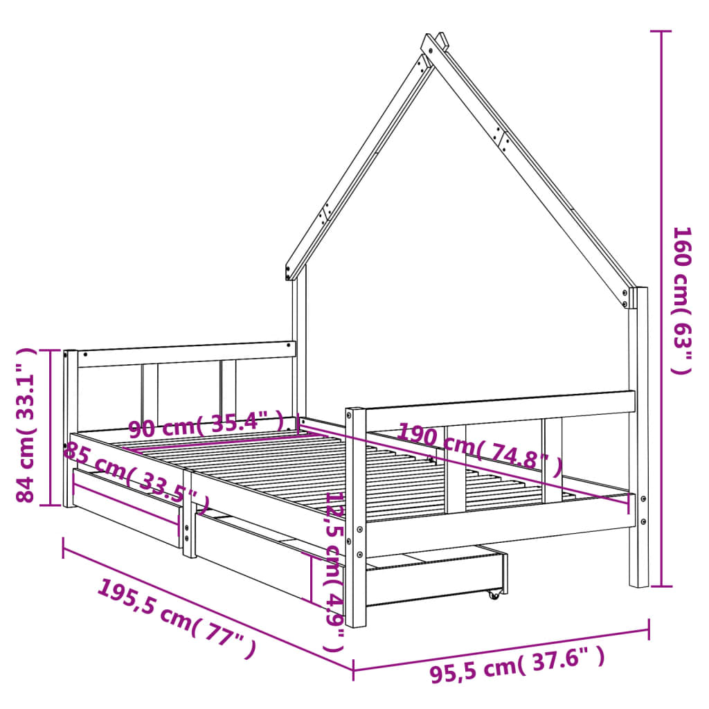 Kids pine wood bed frame with storage, perfect for an enchanting bedroom getaway.