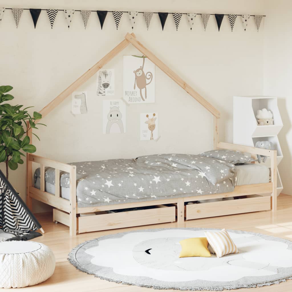 Kids pine wood bed frame with storage, ideal for creating a magical bedroom ambiance.