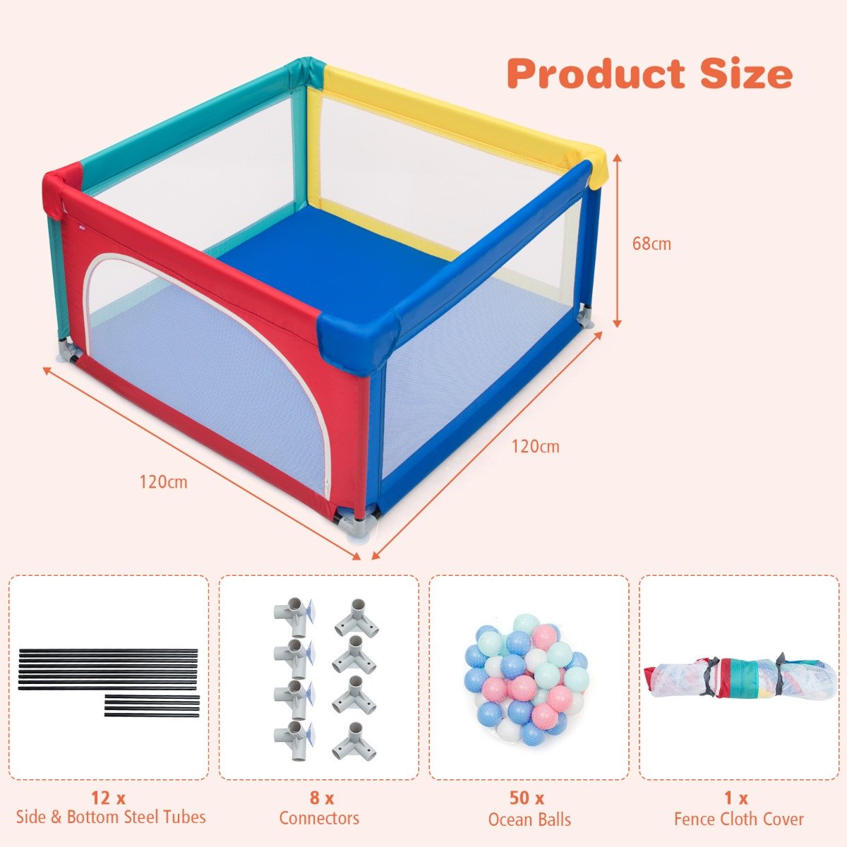 Safety Activity Fence Playpen for Baby and Toddler with 50 Multicolour Ocean Balls