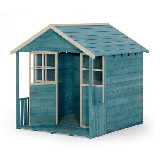 Plum Teal Wooden Deckhouse Cubby - Kids Outdoor Playhouse with Veranda for backyard play