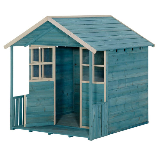 Plum Teal Wooden Deckhouse Cubby - Kids outdoor playhouse with charming veranda.