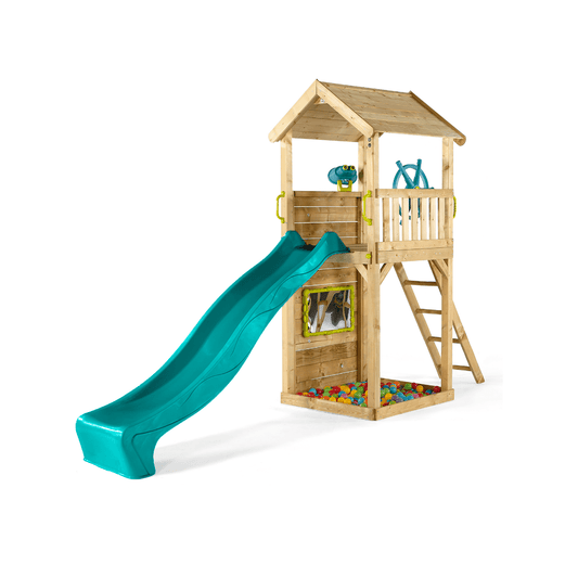 Plum Wooden Lookout Tower Playset | Slide, Ball Pit, Rock Wall, perfect for kids outdoor fun.