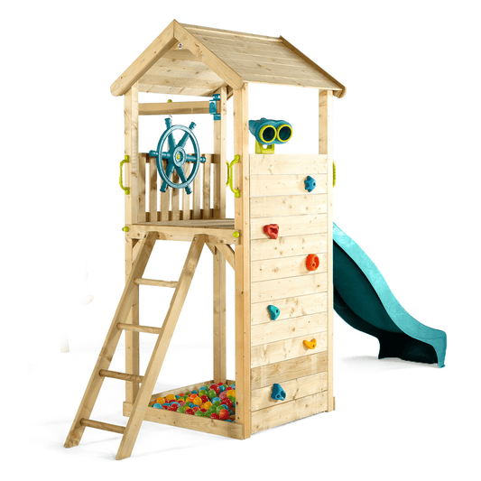 Plum Wooden Lookout Tower Playset with Slide, Ball Pit, Rock Wall for backyard fun.