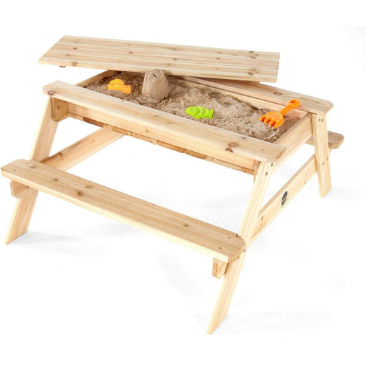 Plum Wooden 2-in-1 Sand and Picnic Table ideal for kids outdoor play and creativity.