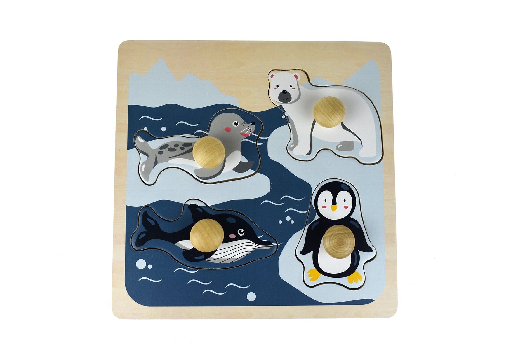 Colorful large peg puzzle featuring polar animals for interactive kids learning at home.