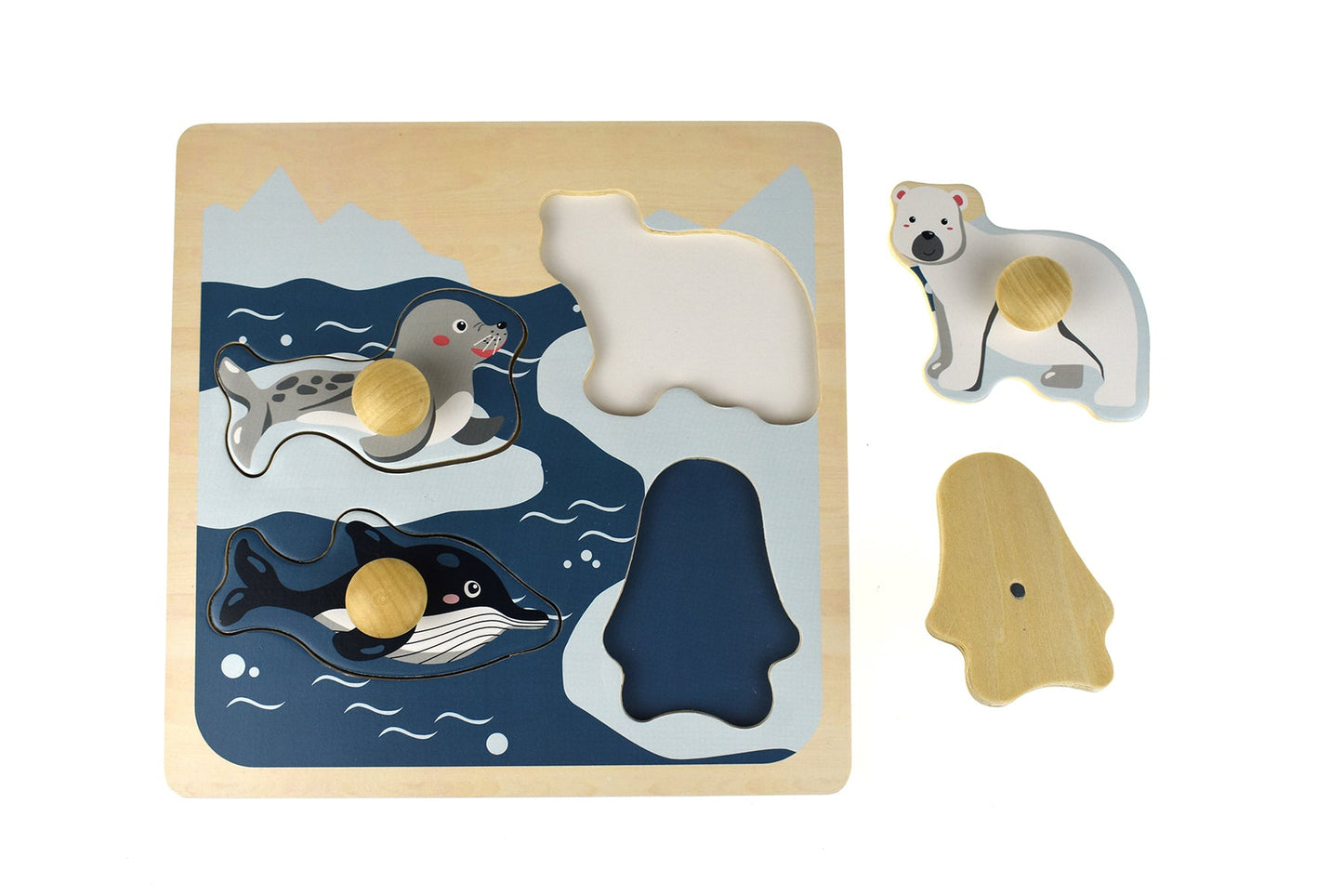 Colorful polar animal peg puzzle for kids, promoting fine motor skills and cognitive development.