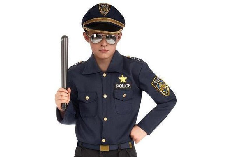 Kids police officer costume shirt and cap with badge detail for imaginative play at home.