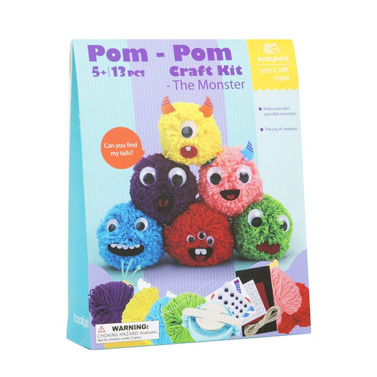 Colorful pom-pom monster craft kit for creative kids DIY projects at home.