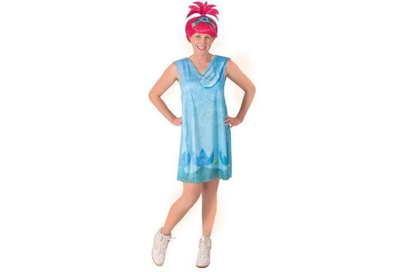 Poppy adult costume with licensed dress and wig for Trolls 2 themed playtime.