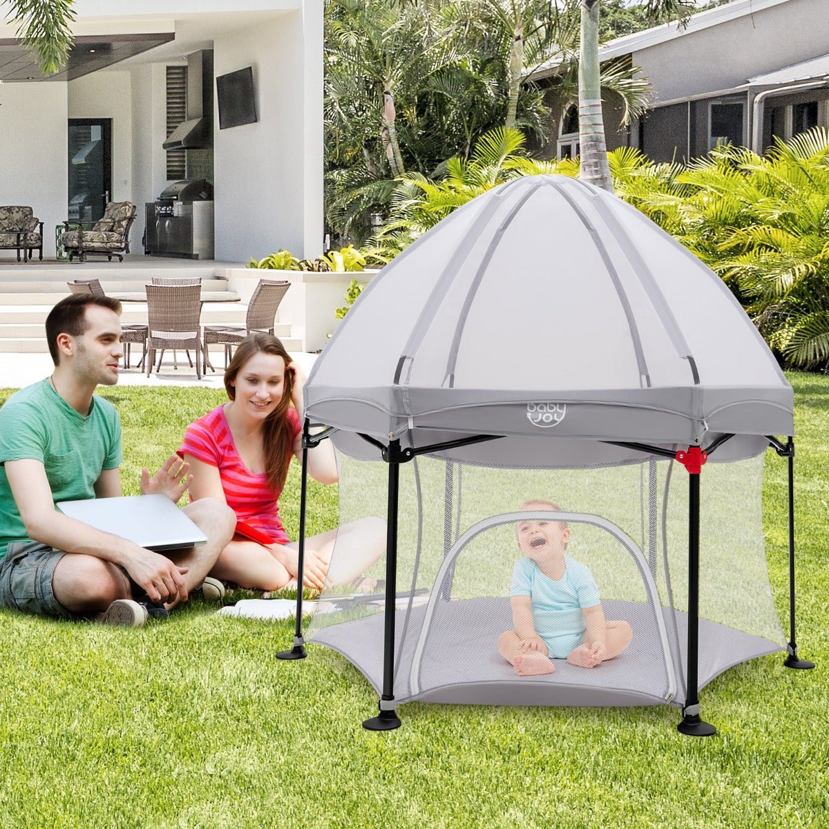 Gray Portable Baby Playpen: Removable Canopy for Indoor & Outdoor Fun