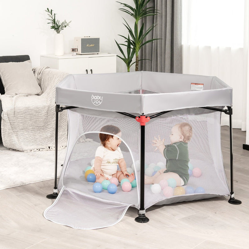 Gray Indoor & Outdoor Baby Playpen: Portable with Removable Canopy