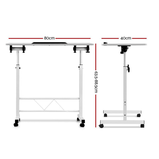 Height-adjustable white laptop desk for kids study and play, portable and sit-stand design.