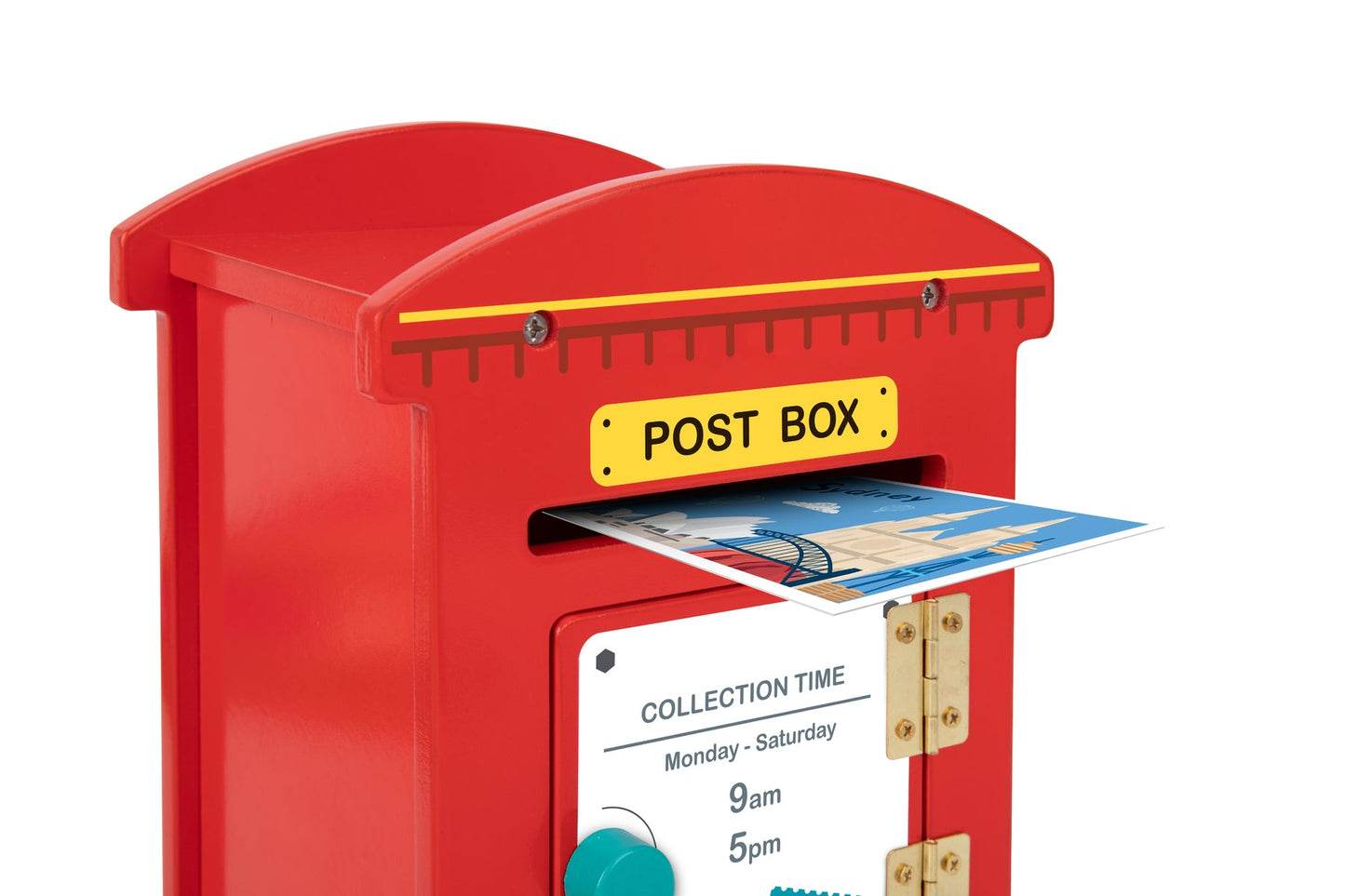 Red childrens post box toy with mail slot, perfect for imaginative play and learning.