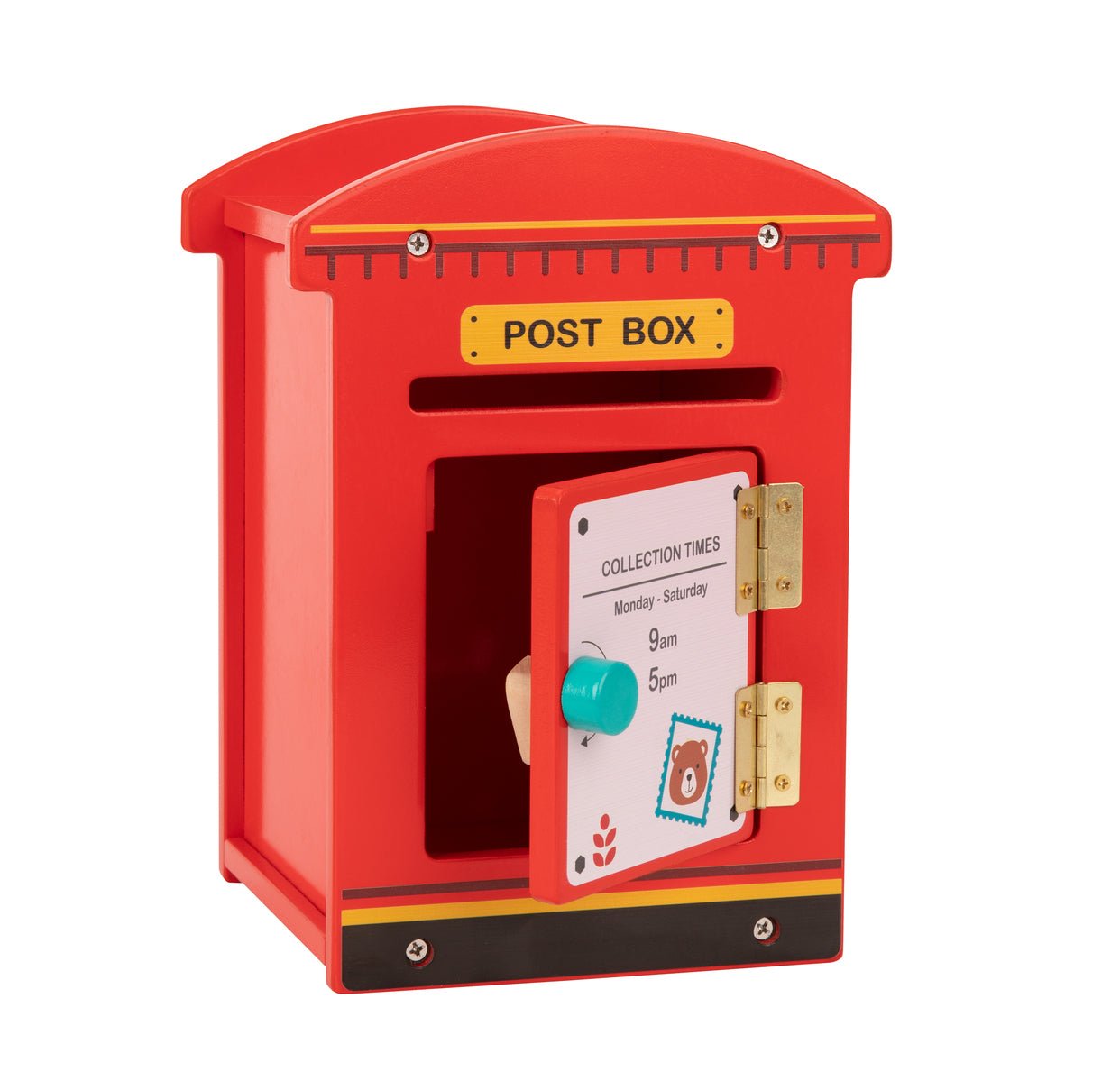 Colorful kids post box for imaginative play and organization in childrens room decor.