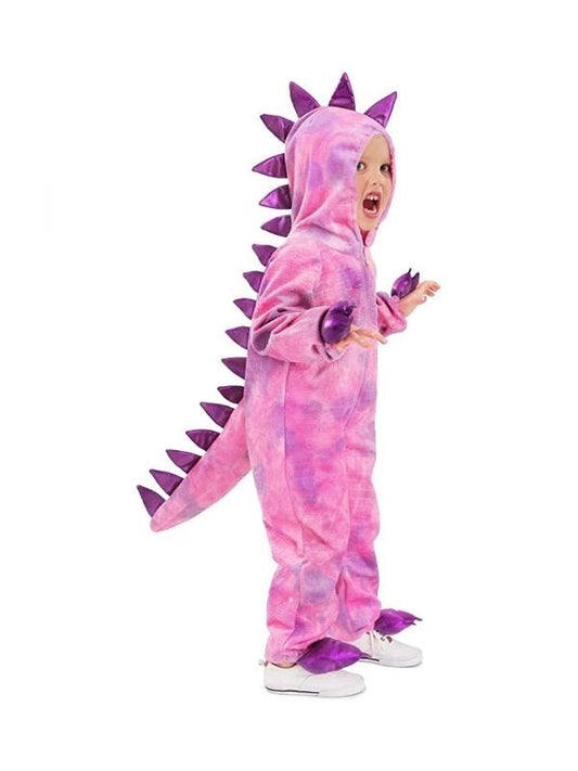 Purple plush kids T-Rex dinosaur costume for imaginative play and dress-up fun at home.