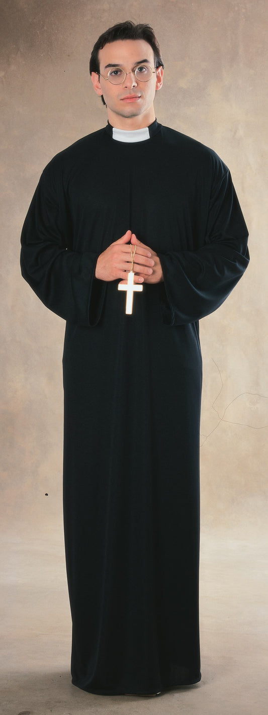 Adult priest robe costume with attached collar for childrens religious role-playing at home.