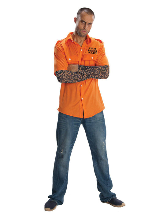 Adult prisoner costume with realistic tattoo sleeves for authentic kids dress-up playtime.