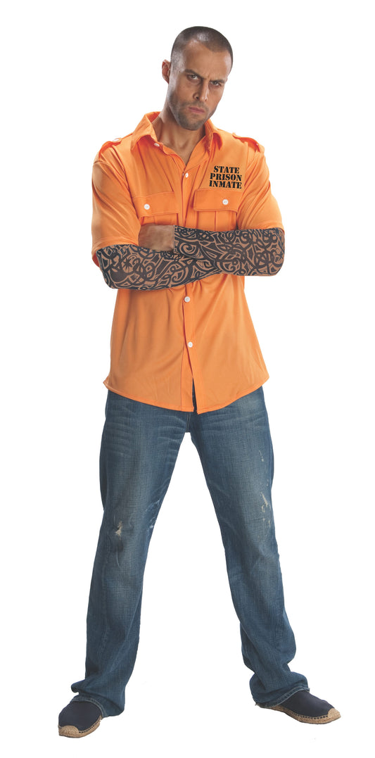 Adult Prisoner Costume with Tattoo Sleeves | Ideal for dress-up play at home.