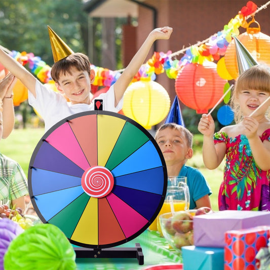 Colorful 18 prize wheel with dry erase surface. Perfect for kids gaming and learning activities.