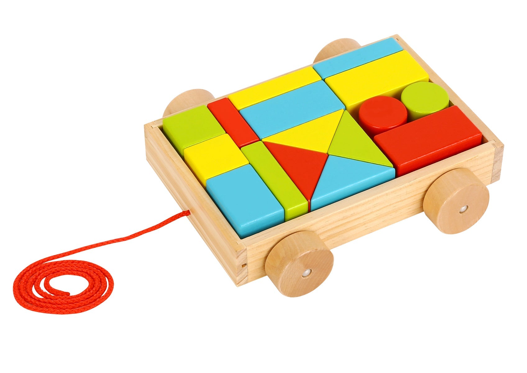 Small pull along cart with building blocks, perfect for kids playtime at home.