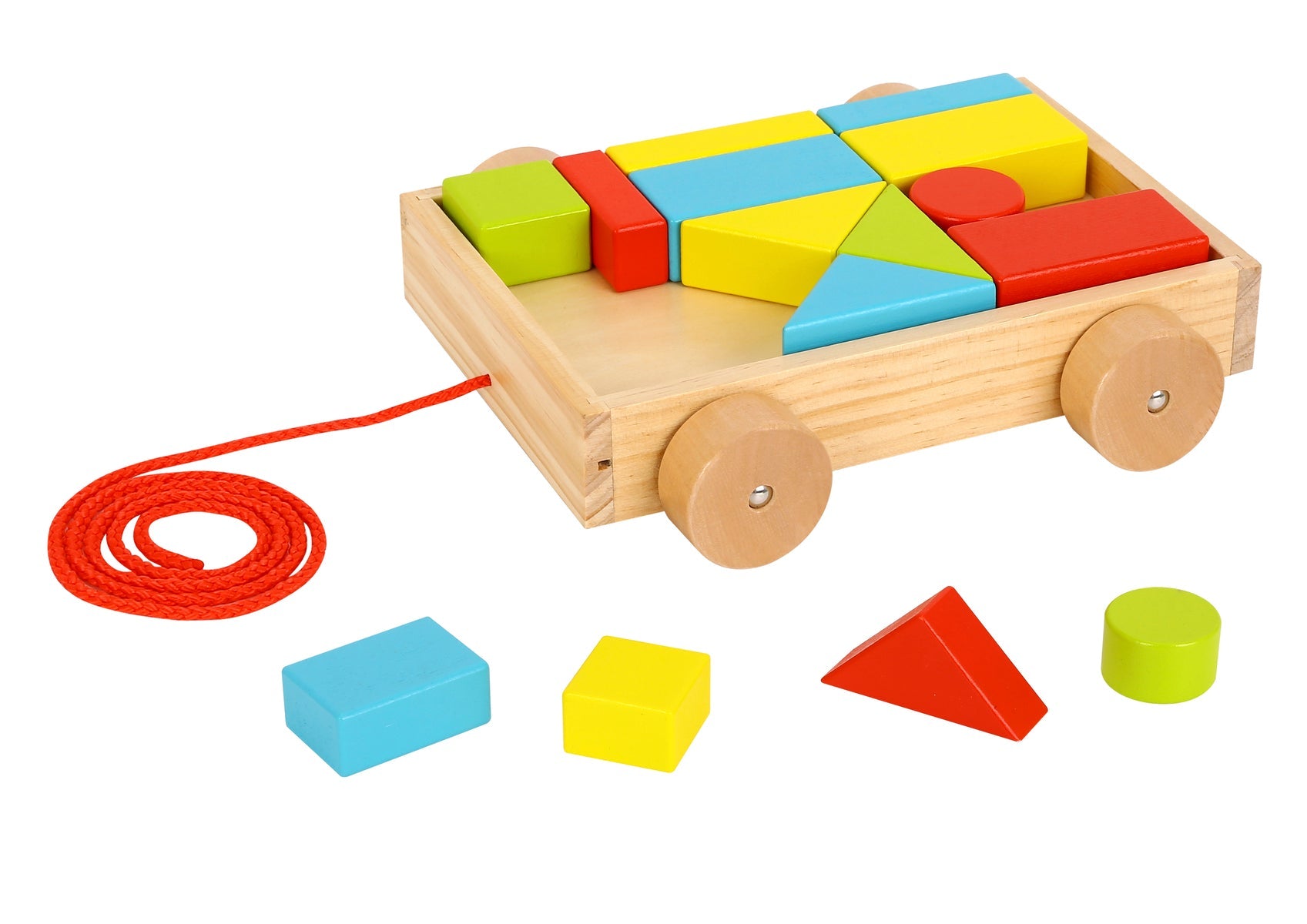 Pull along cart with colorful blocks for interactive play and learning at home.