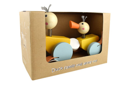 Colorful pull along ducks toy for toddlers, promoting hand-eye coordination and active play.